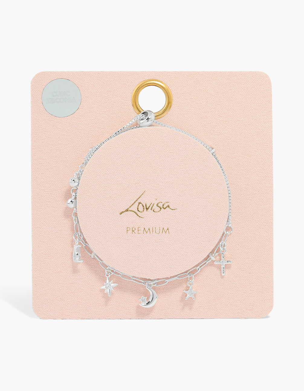 Toggle bracelet with celestial charms including moon, star, and cross in silver plated finish closure detail view