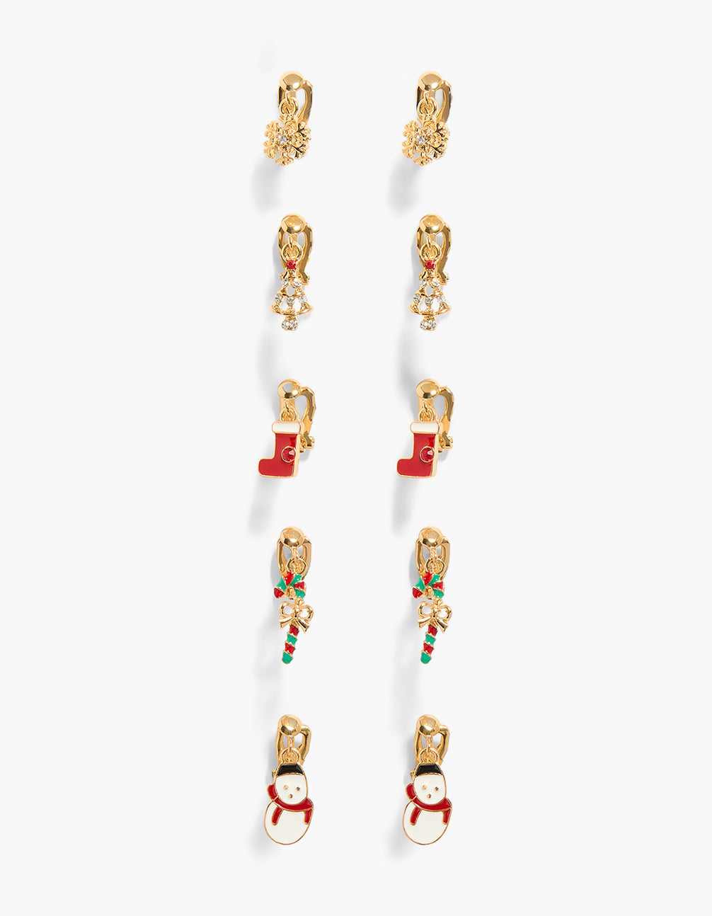 Kids Gold Stocking & Candy Cane  Charm Clip On Earrings 5-Pack