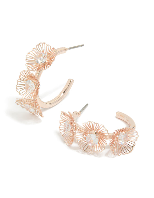 Beautifully crafted rose gold plated laser cut flowers hoop earrings with floral design front view
