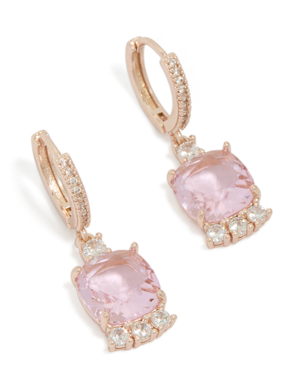 Showcasing dainty rose gold plated square pink cubic zirconia huggie earrings with crystal accents front view
