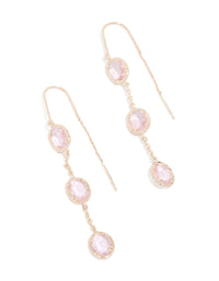 Elegant thread through earrings crafted from rose gold plated metal featuring pink diamantes in a front view - link has visual effect only