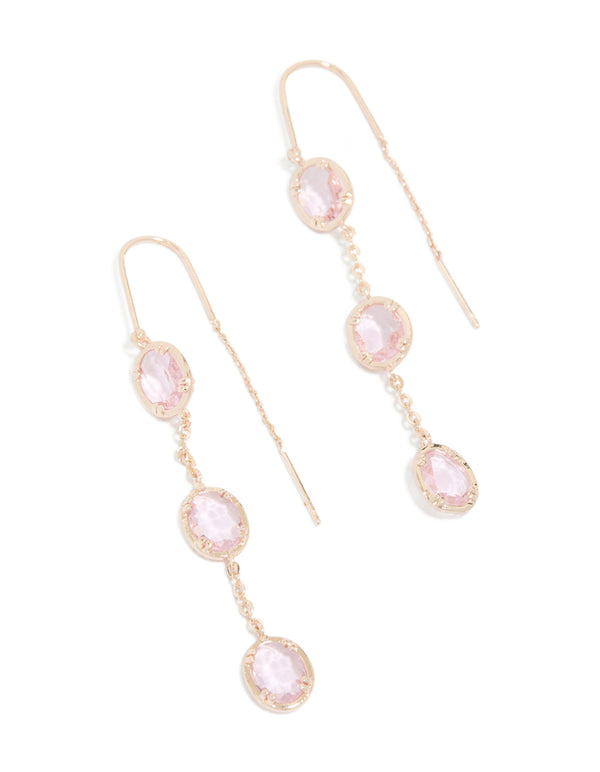Elegant thread through earrings crafted from rose gold plated metal featuring pink diamantes in a front view
