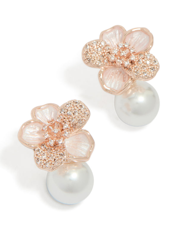 Elegant drop earrings featuring floral design with pearl and cubic zirconia in rose gold plated finish front view