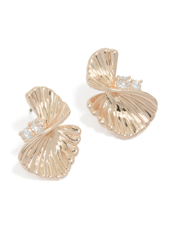 Showcasing statement rose gold plated textured cubic zirconia fan stud earrings front view