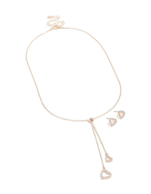 Rose Gold Plated Pave Open Heart Earring & Necklace Set