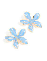 Dainty floral stud earrings in pale blue enamel with gold edging front view - link has visual effect only