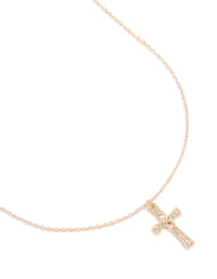 Showcasing a rose gold diamante cross pendant necklace featuring charm details close up view - link has visual effect only
