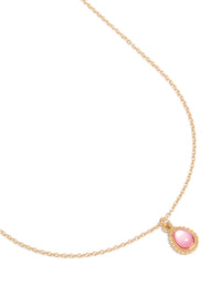 Showcasing a simple teardrop pendant necklace in gold with pink close up view - link has visual effect only