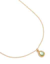 Presenting a simple teardrop pendant necklace featuring gold and pale green tones front view - link has visual effect only