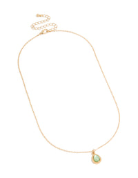 Showcasing a simple teardrop pendant necklace in gold with pale green accents close up view - link has visual effect only