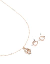 Rose Gold Heart Link Diamante Necklace & Earrings Set - link has visual effect only
