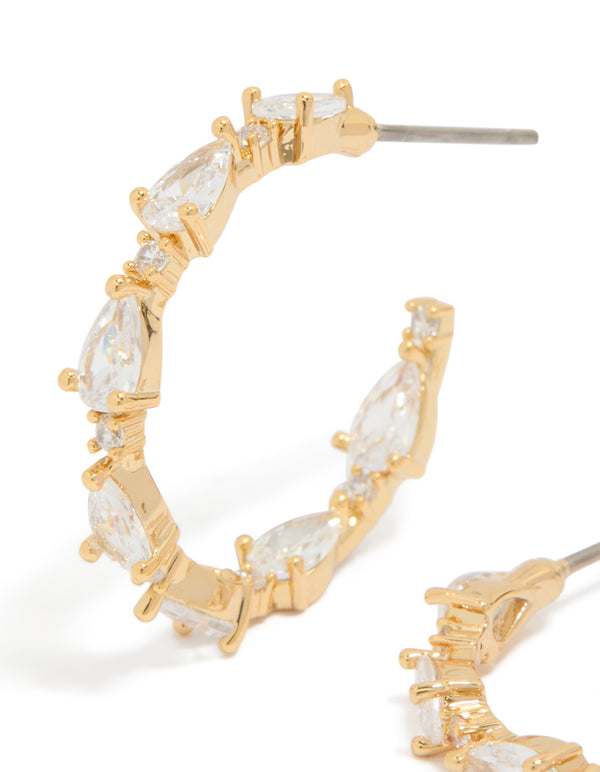 Gold Plated Cubic Zirconia Teardrop Medium Open Hoop Earrings