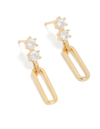 Showcasing statement drop earrings crafted from gold plated metal with cubic zirconia stones and rectangular design front view - link has visual effect only