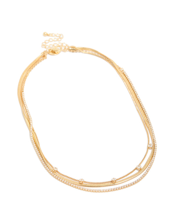 Gold Plated Cubic Zirconia Tennis Snake Chain Triple Layered Necklace