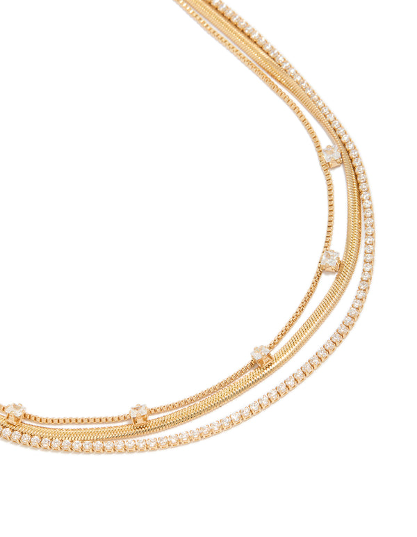 Gold Plated Cubic Zirconia Tennis Snake Chain Triple Layered Necklace