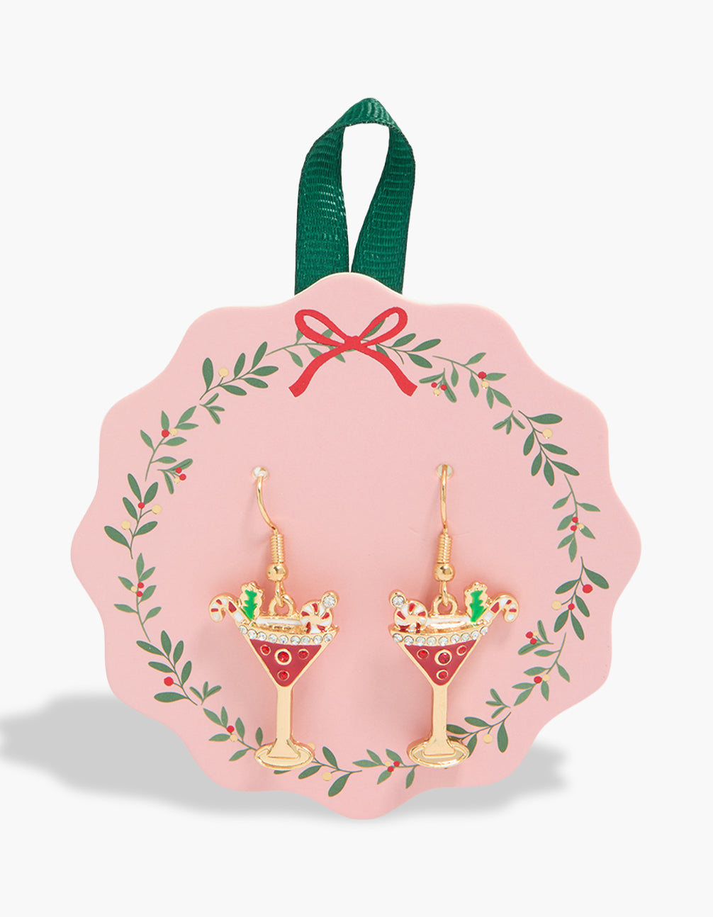 Featuring drop earrings showcasing cocktail drink design and food-inspired candy elements in gold and statement styling front view