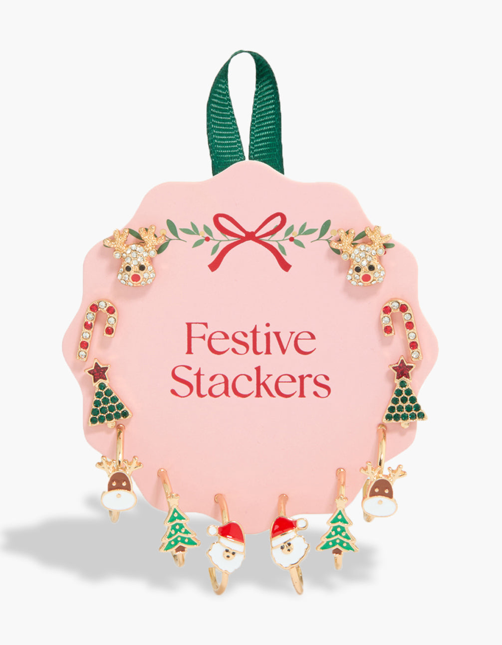 Festive gold Santa and reindeer earrings 6-pack featuring animal, star accents, and tree designs in huggie, stud closures front view