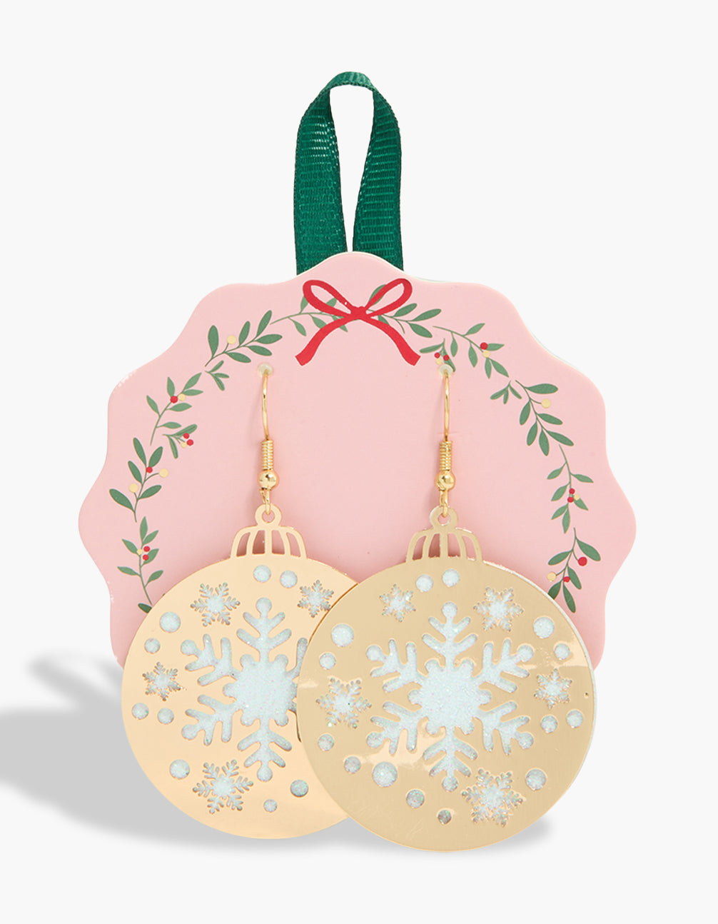 Showcasing gold snowflake bauble earrings featuring with glitter in a statement style front view