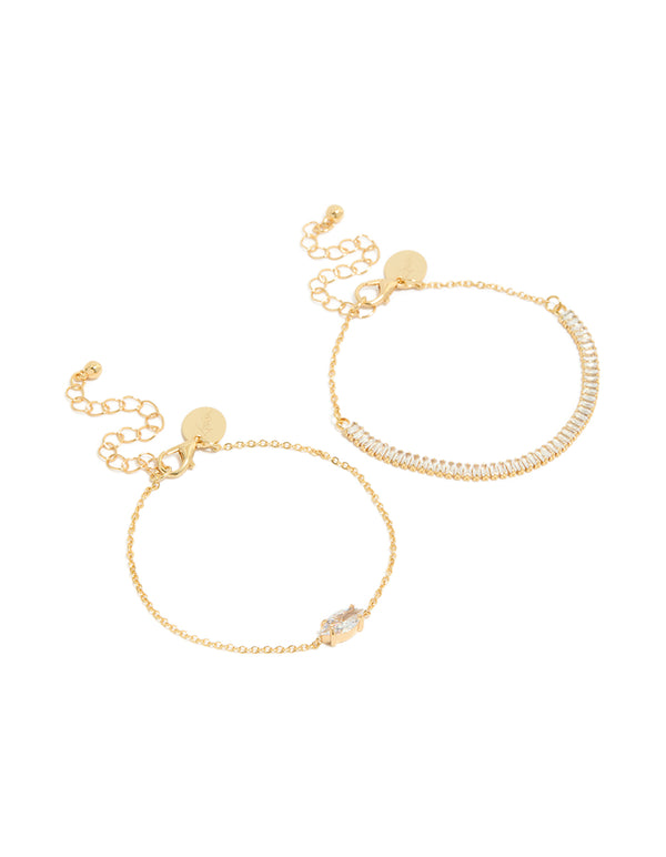 Showcasing a bracelet pack crafted from gold plated metal with cubic zirconia in marquise, baguette cuts front view