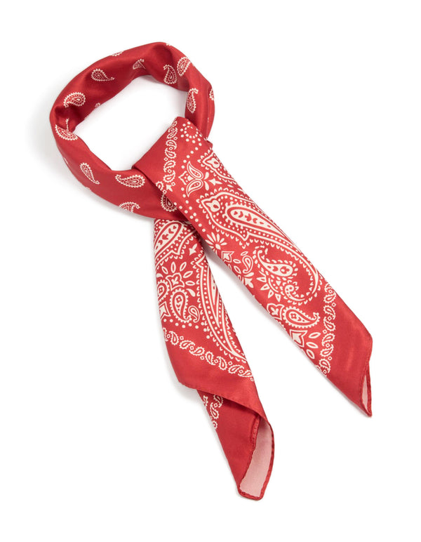 Showcasing a red classic paisley fabric scarf side view