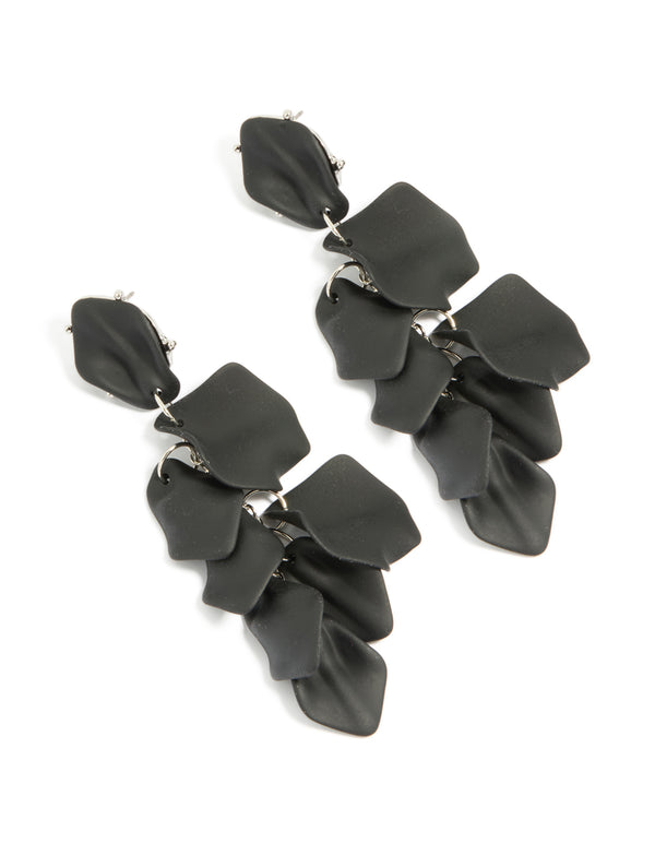 Discover statement black coated metal petal drop earrings front view