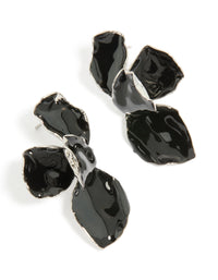 Featuring dainty mini petal drop earrings with floral design in black coated metal and silver finish front view - link has visual effect only