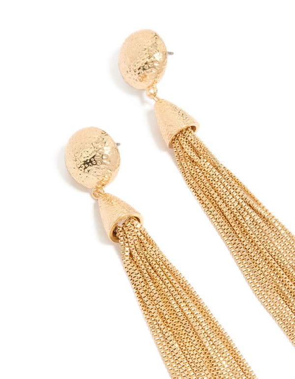 Stunning dome tassel earrings with textured finish and chain details close up view