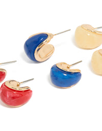 Crafted from acrylic, these bubble hoop earrings feature gold, red, and royal blue tones in a 3-pack close up view - link has visual effect only