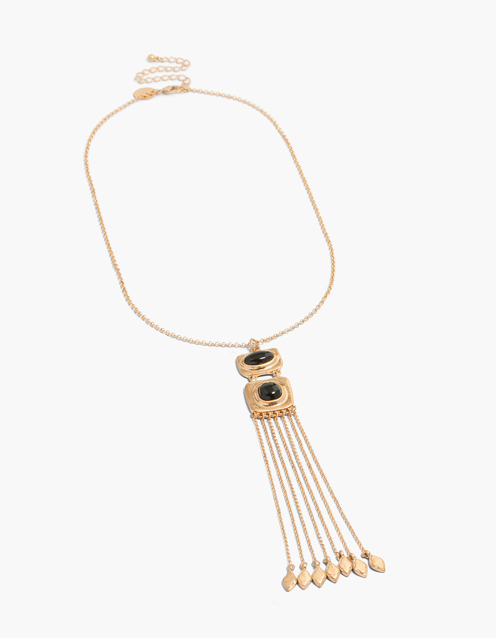 Crafted with tassel accents, this gold boho multi necklace presents statement styling front view