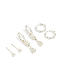 Showcasing stainless steel cubic zirconia mixed drop hoop earrings in a 3-pack with crystal waterproof design and stud closure front view - link has visual effect only