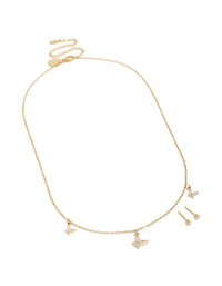 Waterproof Gold Plated Stainless Steel Cubic Zirconia Butterfly Necklace & Earrings Set - link has visual effect only