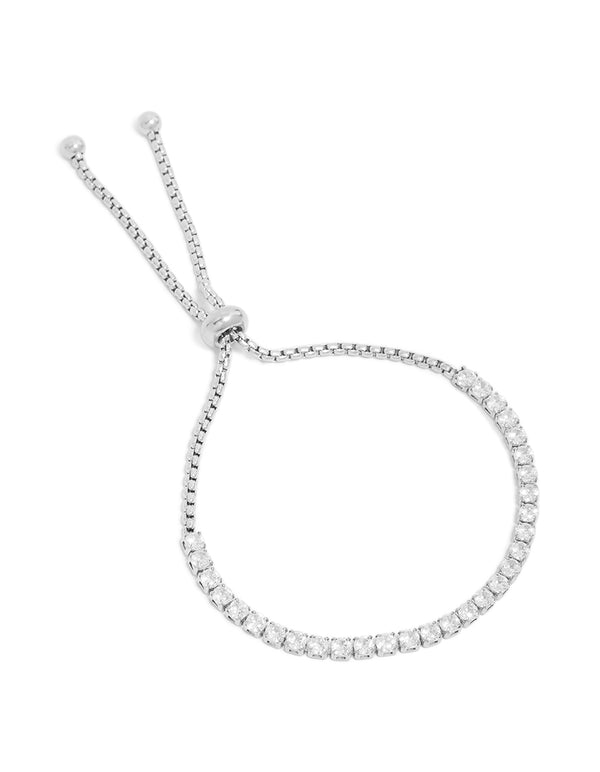 Showcasing a waterproof stainless steel cubic zirconia tennis toggle bracelet in silver and clear front view