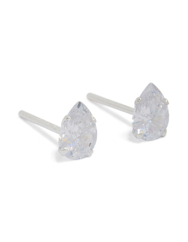Showcasing sterling silver cubic zirconia pear stud earrings in silver front view
