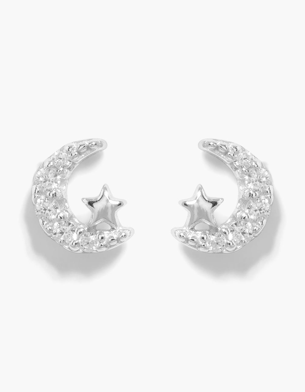 Showcasing celestial-inspired stud earrings crafted from sterling silver with cubic zirconia embellished moon and star design in white front view