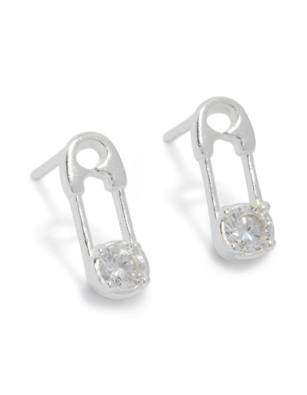 Discover statement safety pin stud earrings, crafted from sterling silver and featuring cubic zirconia in clear front view