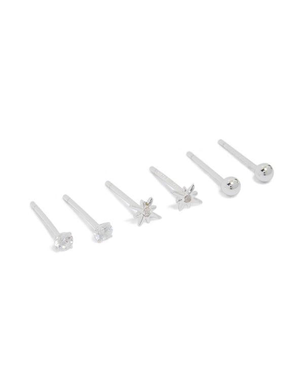 Beautifully crafted sterling silver cubic zirconia starburst earrings in a dainty 3-pack with celestial and ball design, stud closure, and clear accents front view