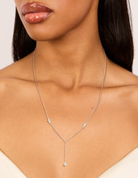 Beautifully crafted dainty sterling silver cubic zirconia flower Y-necklace featuring floral details on neck view - link has visual effect only