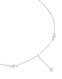 Introducing a dainty sterling silver cubic zirconia flower Y-necklace in silver close up view - link has visual effect only