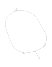 Showcasing a dainty sterling silver cubic zirconia flower Y-necklace featuring floral details and clasp front view - link has visual effect only