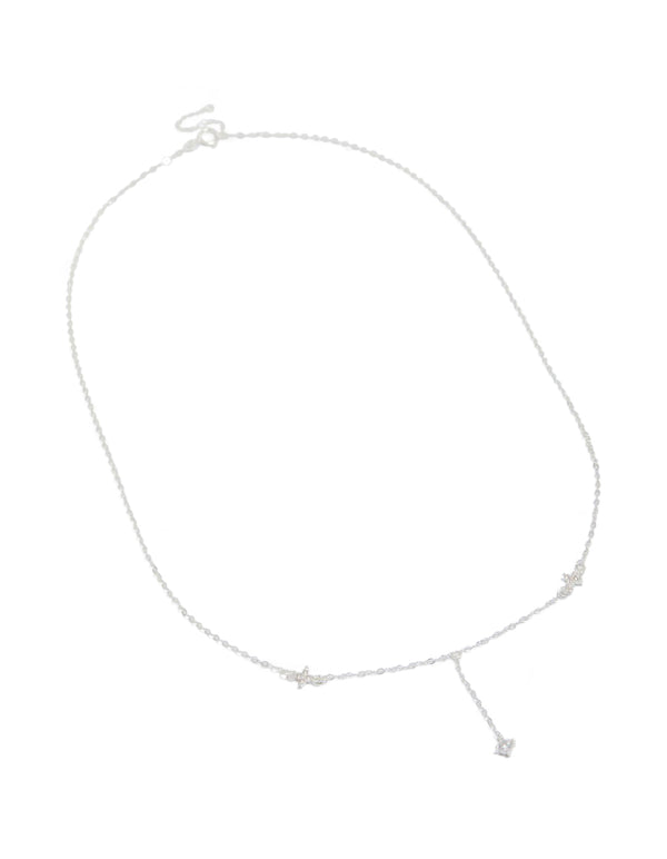 Showcasing a dainty sterling silver cubic zirconia flower Y-necklace featuring floral details and clasp front view