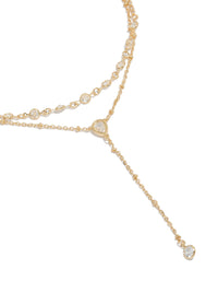 Showcasing a cubic zirconia teardrop bezel Y-necklace with beads in gold plated close up view - link has visual effect only