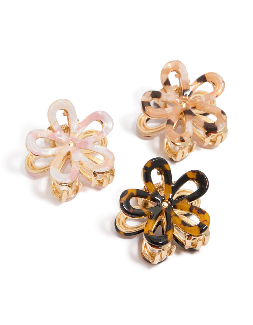 Showcasing three floral acrylic claw clips in a 3-pack, featuring gold accents, front view