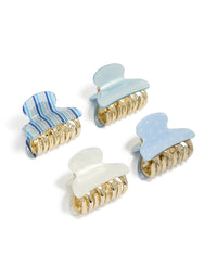 Discover striped acrylic claw clips in light blue, dodger blue, white, and gold front view - link has visual effect only