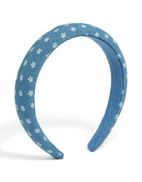 Showcasing a denim look padded headband with floral print in steel blue and white front view - link has visual effect only