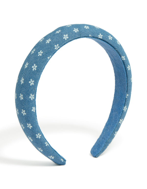 Showcasing a denim look padded headband with floral print in steel blue and white front view