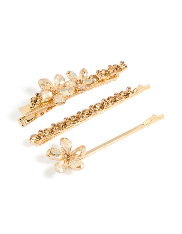 Elegant floral champagne toned diamante flower clips in a 3-pack crafted from glass with gold accents front view