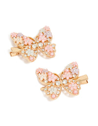 Showcasing gold embellished butterfly hair clips in a 2-pack featuring pearl accents, and floral details with pink, white, and lavender solid tones front view - link has visual effect only