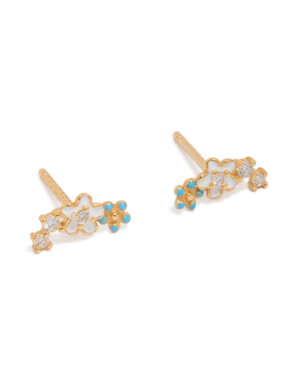 Discover floral stud earrings crafted from gold plated sterling silver featuring cubic zirconia with turquoise and clear accents front view