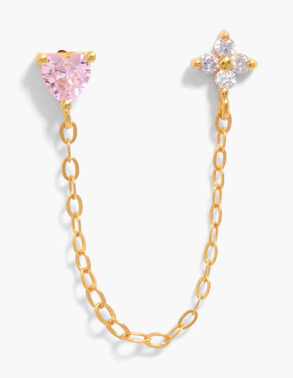 Featuring dainty heart stud earrings crafted from gold plated sterling silver with pink and clear cubic zirconia, connected by a delicate chain front view