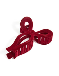 Showcasing a bow design dark red chunky velvet outline hair claw clip front view - link has visual effect only